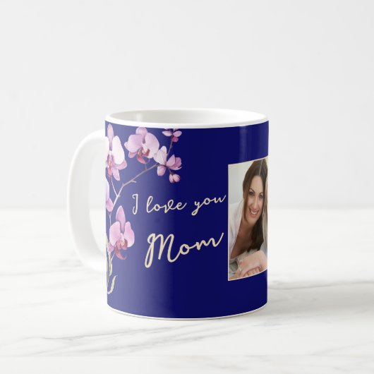 Blue I Love You Mom Floral Mother's Day Photo Koffiemok (Voorkant links)
