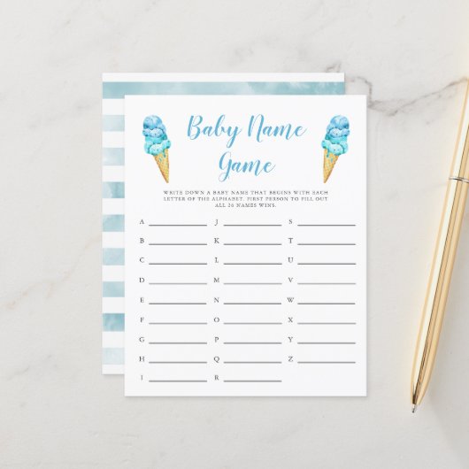 Blue Ice Cream Baby Name Shower Game (Voorkant / Achterkant in situ)
