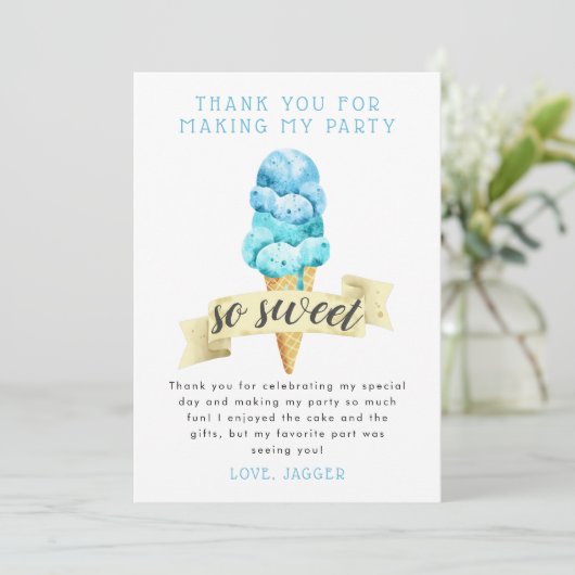 Blue Ice Cream Jongen Verjaardagsfeestje Bedankkaart (Staand voorkant)