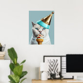 Blue Ice Cream King Cat met Gold Cone Wall Art Poster (Thuiskantoor)