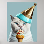 Blue Ice Cream King Cat met Gold Cone Wall Art Poster (Voorkant)