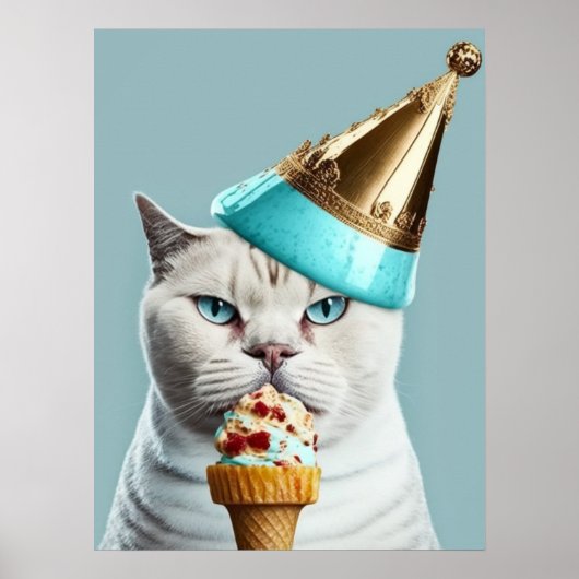 Blue Ice Cream King Cat met Gold Cone Wall Art Poster (Voorkant)