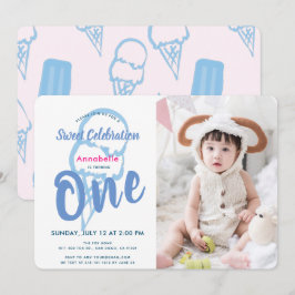 Blue Ice Cream PhotoGirl 1e verjaardag Kaart