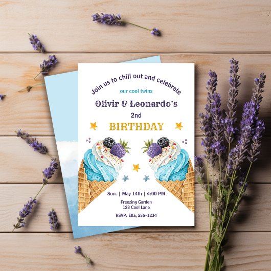 Blue Ice Cream Scoops voor twee jongens Verjaardag Kaart