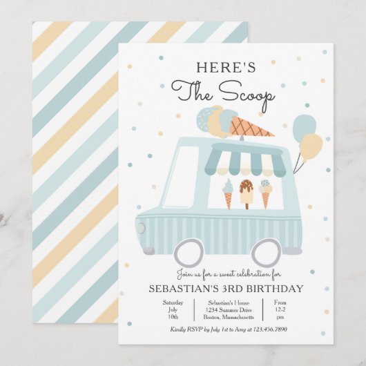 Blue Ice Cream Truck Hier is de Scoop Birthday Kaart (Voorkant / Achterkant)