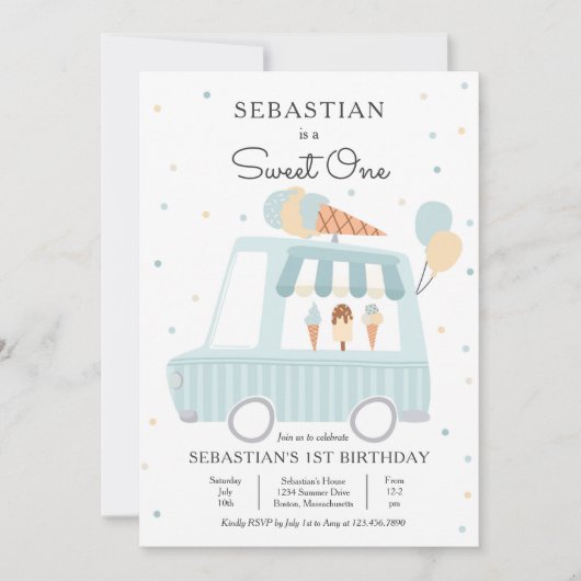 Blue Ice Cream Truck One 1st Birthday Party Kaart (Voorkant)