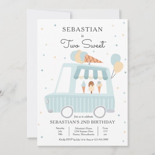 Blue Ice Cream Truck Two Sweet 2e verjaardag Party Kaart (Voorkant)