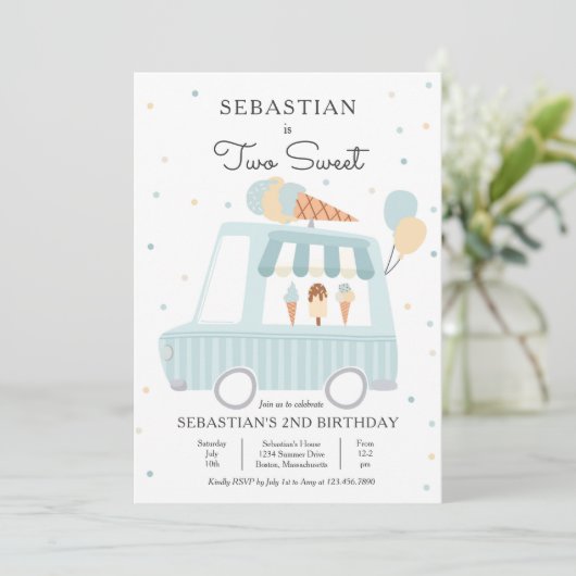 Blue Ice Cream Truck Two Sweet 2e verjaardag Party Kaart (Staand voorkant)