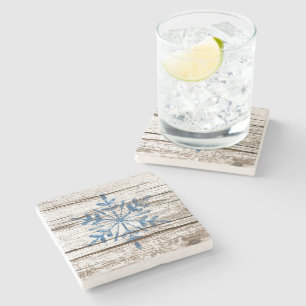 Blue Ice Crystal op Faux Weathered Wood Texture Stenen Onderzetter