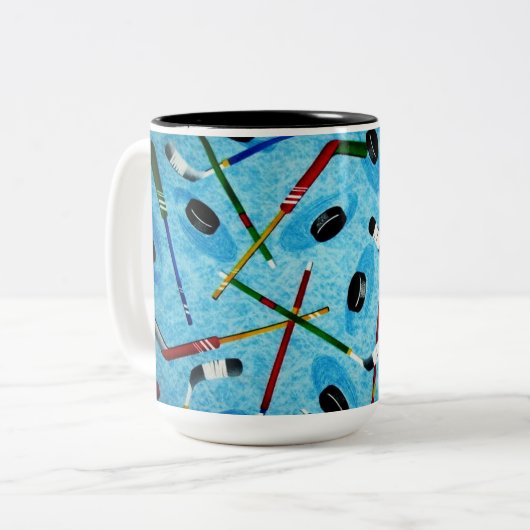 Blue Ice Hockey Thema Tweekleurige Koffiemok (Voorkant links)