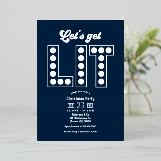 Blue Ice Let's Get Lit Retro Christmas Party Folie Uitnodiging (Staand Voorkant)
