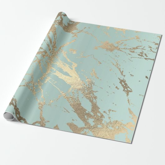 Blue Ice Pastel Gold Marble Shiny Abstract Cadeaupapier (Uitgerold)