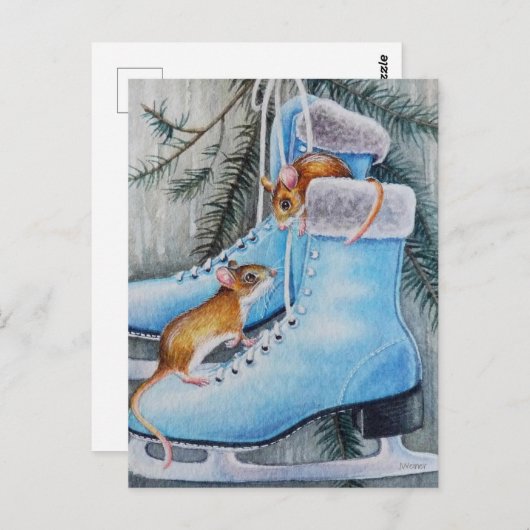 Blue Ice Schaatsen & Mice Holiday Home Waterverf A Briefkaart (Voorkant / Achterkant)
