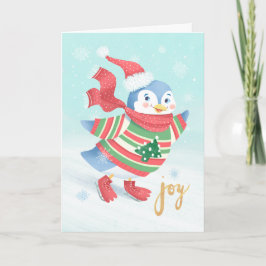 Blue Ice Skating Penguin Christmas Kaart