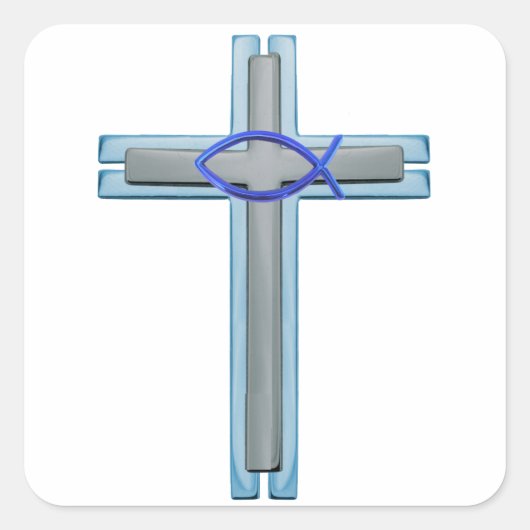 Blue Ichthus Cross Vierkante Sticker (Voorkant)
