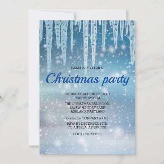 Blue Icicle Sparkly Snow Christmas Party Kaart (Voorkant)