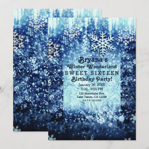 Blue Icy Snowy Winter Wonderland Sweet 16 Party Kaart