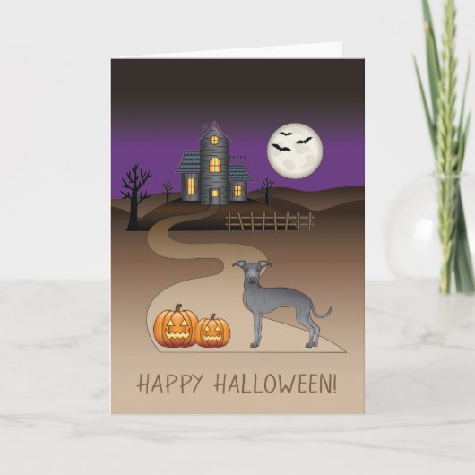 Blue Iggy Cute Dog en Halloween Hauned House Kaart (Voorkant)