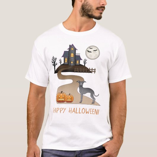 Blue Iggy Cute Dog en Halloween Hauned House T-shirt (Voorkant)