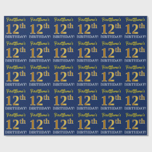 Blue, Imitation Gold look "12th BIRTHDAY" Cadeaupapier