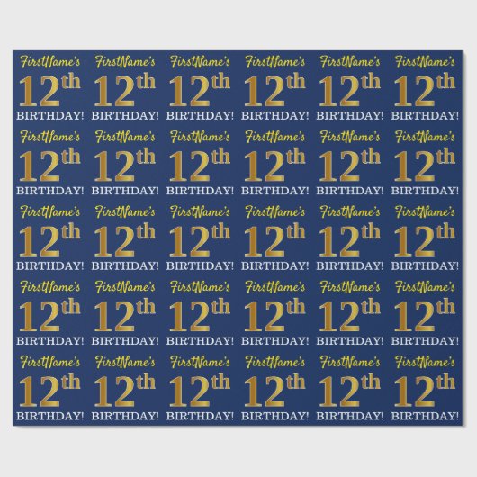 Blue, Imitation Gold look "12th BIRTHDAY" Cadeaupapier (Vlak)