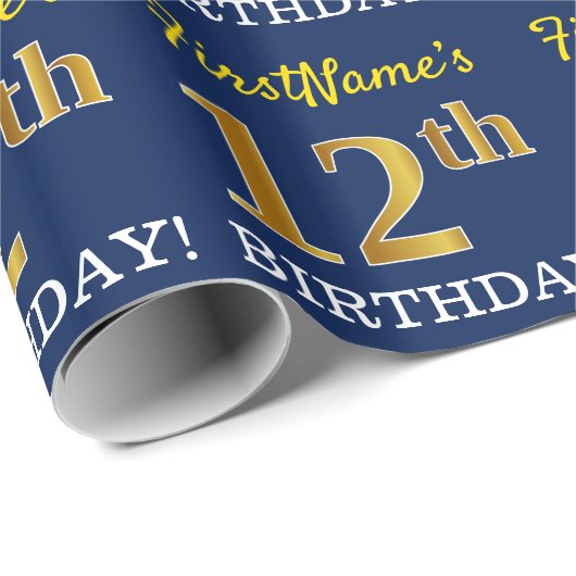 Blue, Imitation Gold look "12th BIRTHDAY" Cadeaupapier (Rol Hoek)