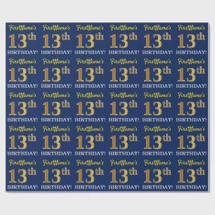 Blue, Imitation Gold look "13th BIRTHDAY" Cadeaupapier