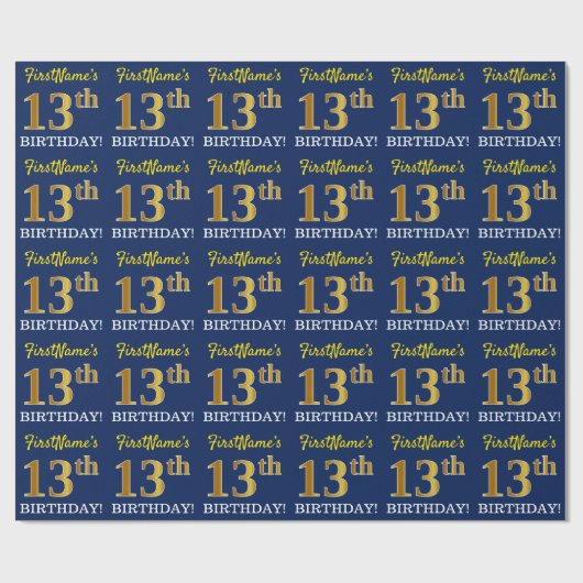 Blue, Imitation Gold look "13th BIRTHDAY" Cadeaupapier (Vlak)