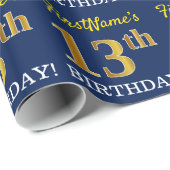 Blue, Imitation Gold look "13th BIRTHDAY" Cadeaupapier (Rol Hoek)