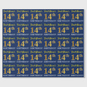 Blue, Imitation Gold look "14th BIRTHDAY" Cadeaupapier (Vlak)