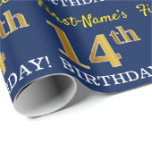 Blue, Imitation Gold look "14th BIRTHDAY" Cadeaupapier (Rol Hoek)