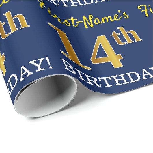 Blue, Imitation Gold look "14th BIRTHDAY" Cadeaupapier (Rol Hoek)