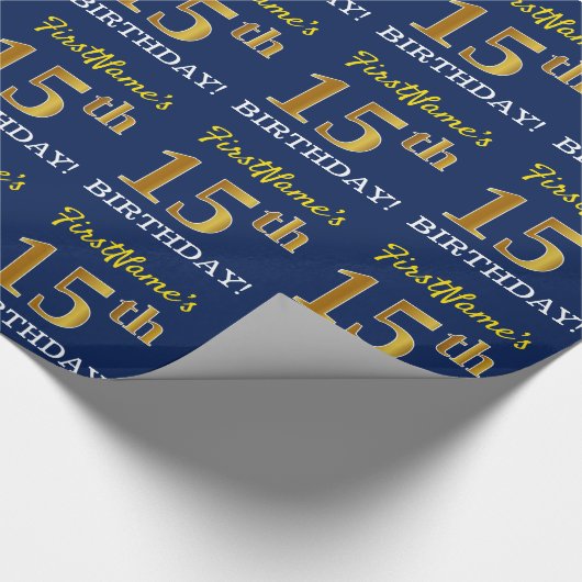 Blue, Imitation Gold look "15th BIRTHDAY" Cadeaupapier (Hoek)
