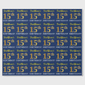 Blue, Imitation Gold look "15th BIRTHDAY" Cadeaupapier (Vlak)