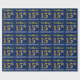Blue, Imitation Gold look "15th BIRTHDAY" Cadeaupapier