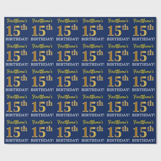 Blue, Imitation Gold look "15th BIRTHDAY" Cadeaupapier (Vlak)