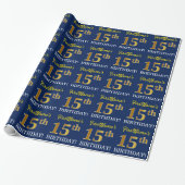 Blue, Imitation Gold look "15th BIRTHDAY" Cadeaupapier (Uitgerold)