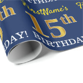 Blue, Imitation Gold look "15th BIRTHDAY" Cadeaupapier (Rol Hoek)