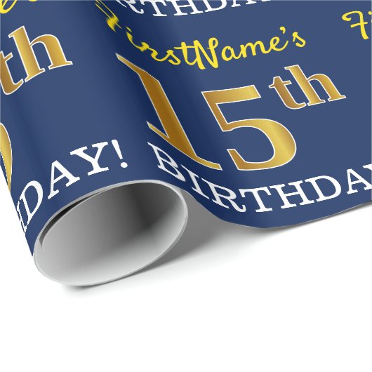 Blue, Imitation Gold look "15th BIRTHDAY" Cadeaupapier (Rol Hoek)