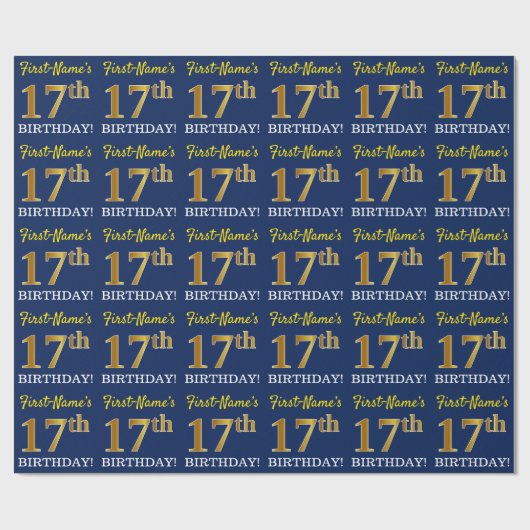 Blue, Imitation Gold look "17th BIRTHDAY" Cadeaupapier (Vlak)