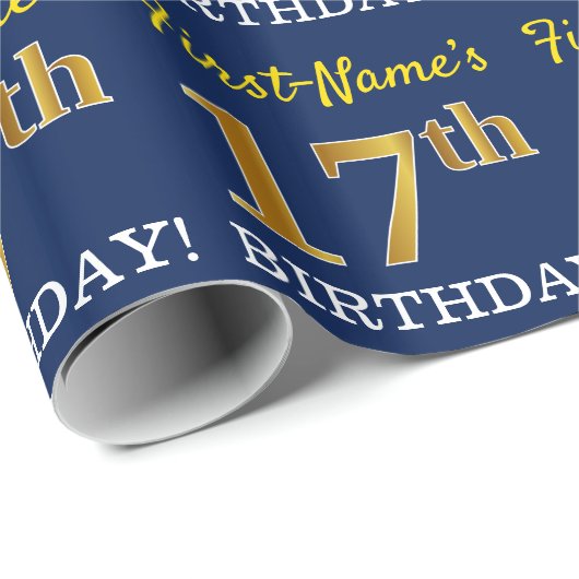 Blue, Imitation Gold look "17th BIRTHDAY" Cadeaupapier (Rol Hoek)