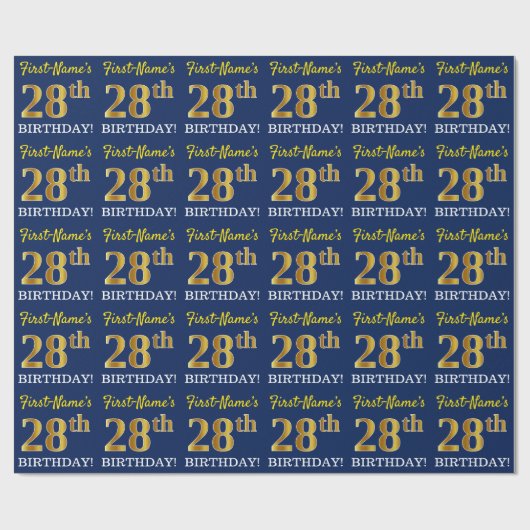 Blue, Imitation Gold look "28th BIRTHDAY" Cadeaupapier (Vlak)