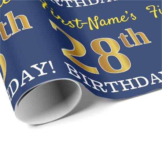 Blue, Imitation Gold look "28th BIRTHDAY" Cadeaupapier (Rol Hoek)