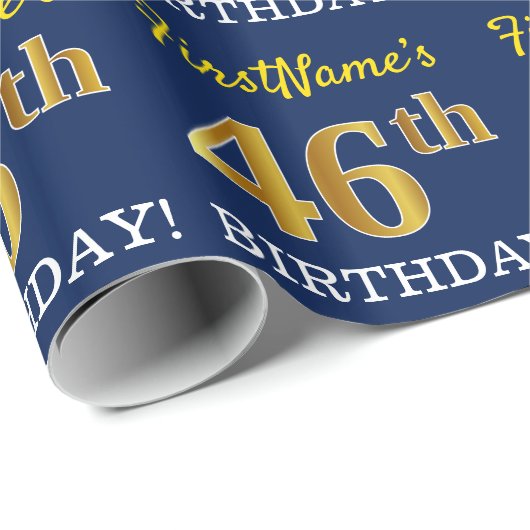 Blue, Imitation Gold look "46th BIRTHDAY" Cadeaupapier (Rol Hoek)