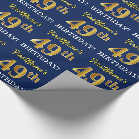 Blue, Imitation Gold look "49th BIRTHDAY" Cadeaupapier (Hoek)