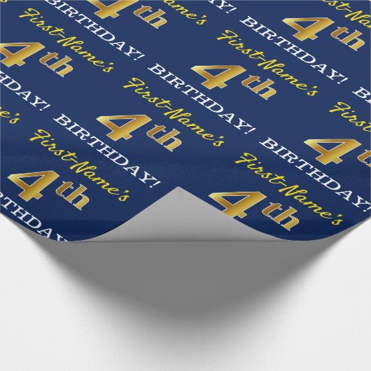 Blue, Imitation Gold look "4th BIRTHDAY" Cadeaupapier (Hoek)