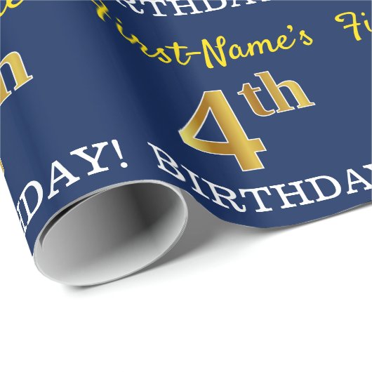 Blue, Imitation Gold look "4th BIRTHDAY" Cadeaupapier (Rol Hoek)