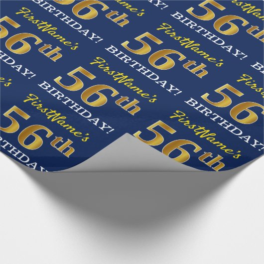 Blue, Imitation Gold look "56th BIRTHDAY" Cadeaupapier (Hoek)