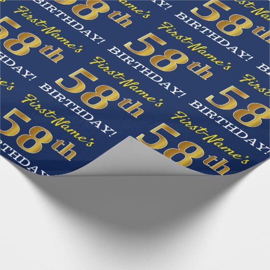 Blue, Imitation Gold look "58th BIRTHDAY" Cadeaupapier (Hoek)