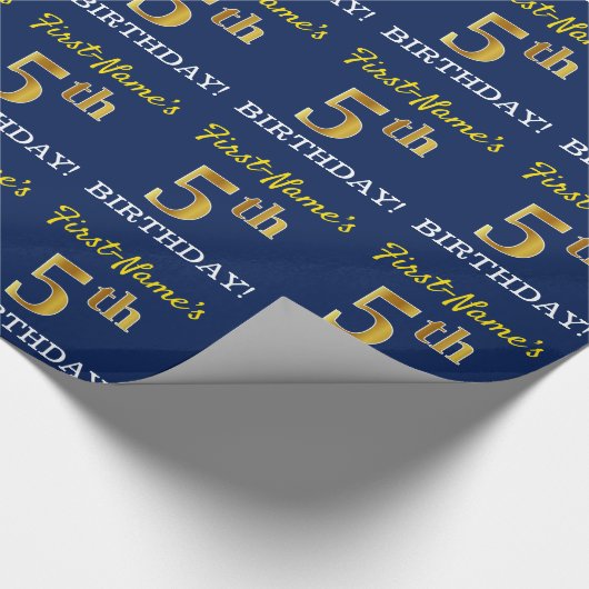 Blue, Imitation Gold look "5th BIRTHDAY" Cadeaupapier (Hoek)